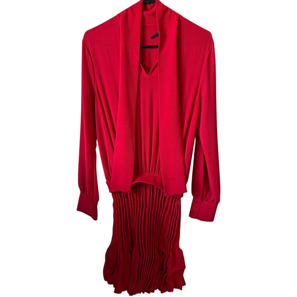 Maje Red Fluid Pleated Satin Tie Neck Long Sleeve Mini Dress Size 1